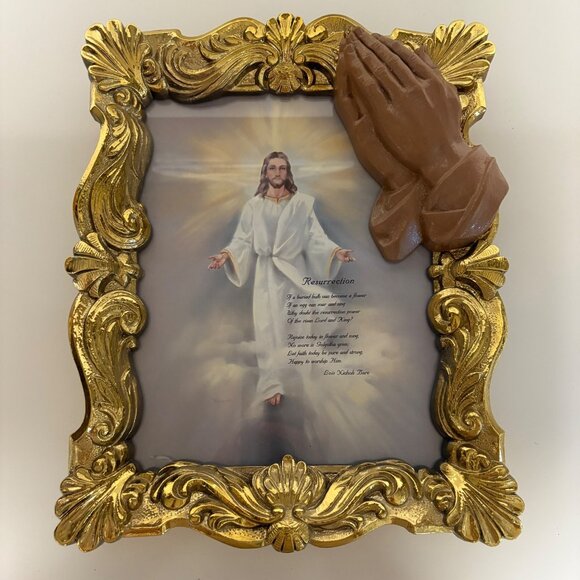 Jesus Resurrection Praying Hands Goldtone Ornate Frame Christian Wall Decor VTG - Picture 1 of 10